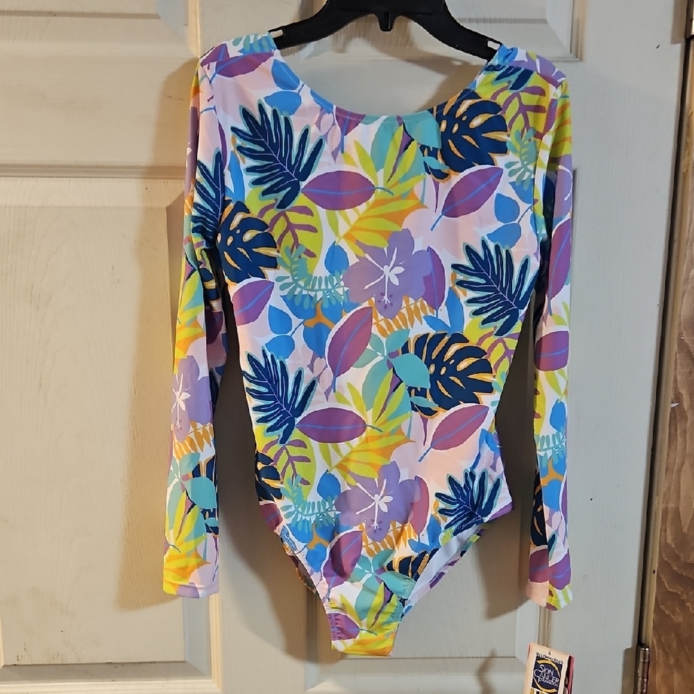 Andy & Evan Girls' Long Sleeve One-Piece Swimsuit: PURPLE FLORAL: NWT: SZ XL